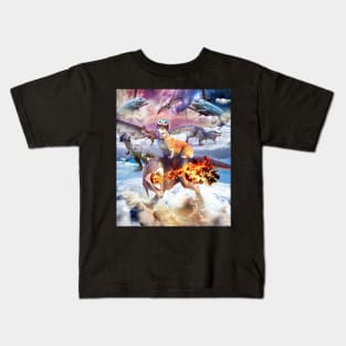 Trippy Galaxy Corgi Dog Riding Dinosaur Kids T-Shirt